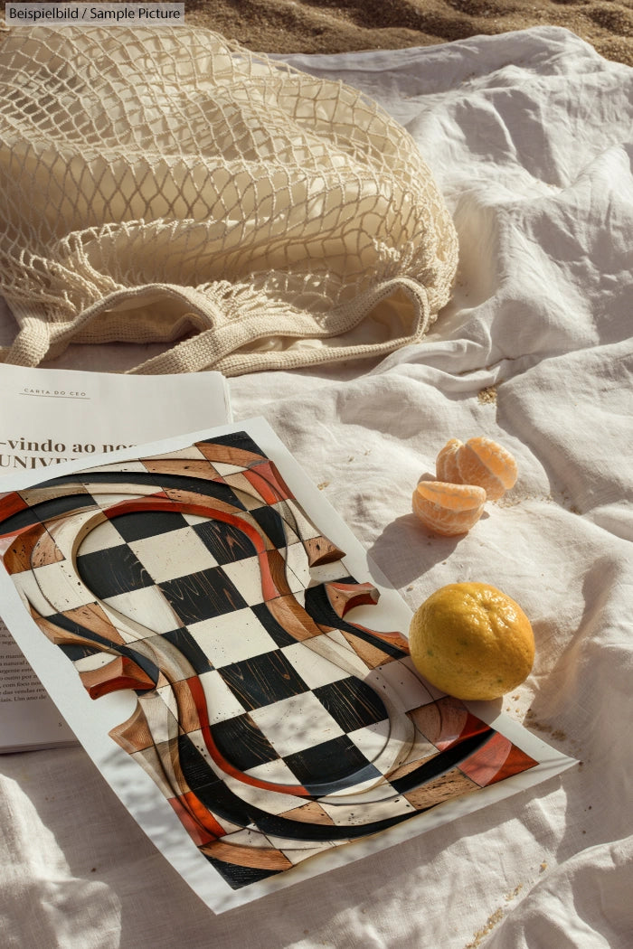 Art magazine, netted bag, sliced lemon, and tangerines on crumpled white fabric on the beach.