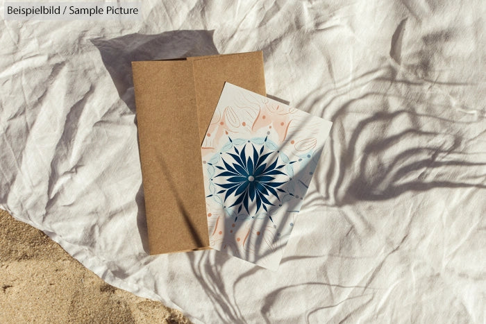 Brown envelope and floral card on white cloth in sunlight.