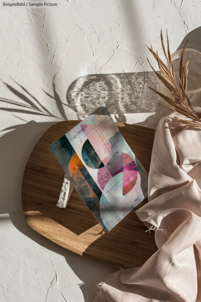 Abstract artwork with geometric shapes on wooden surface, fabric drape, and decorative dried plants.