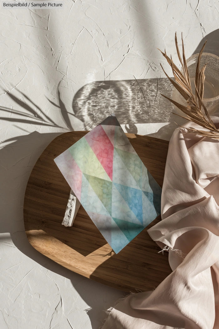 Geometric watercolor artwork on wooden board with draped fabric and dried plants, casting shadows on textured surface.