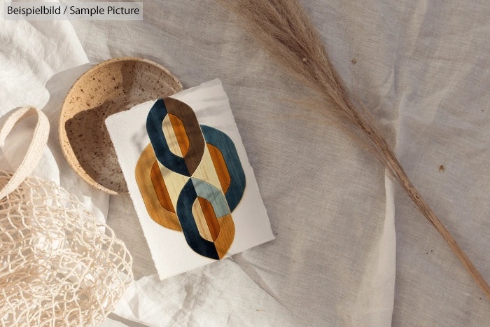 Abstract art on canvas with blue and brown circles on a beige cloth backdrop, accompanied by a net bag and dried grass.