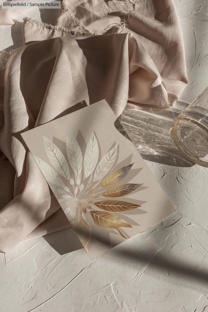 Leaf design card on textured surface with beige fabric and glass, casting soft shadows in natural light.