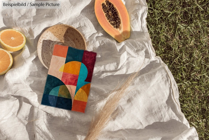 Abstract art piece on fabric with cut fruits and grass background, featuring vivid geometric shapes and colors.