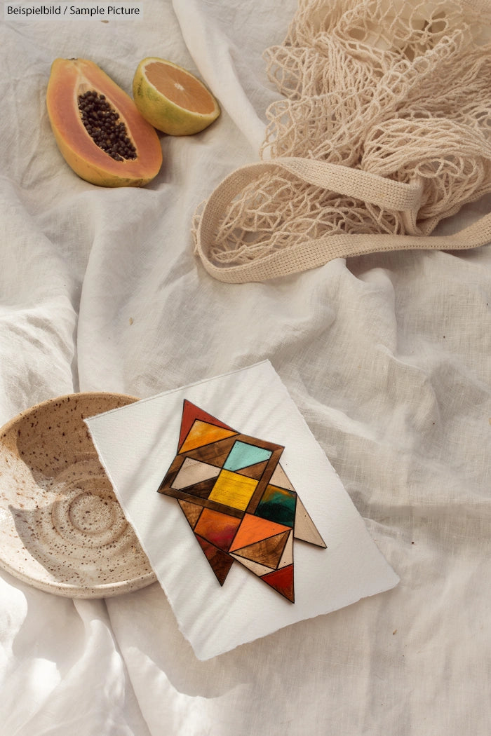 Geometric wooden puzzle on white cloth, with clay dish, papaya, and net bag in the background.