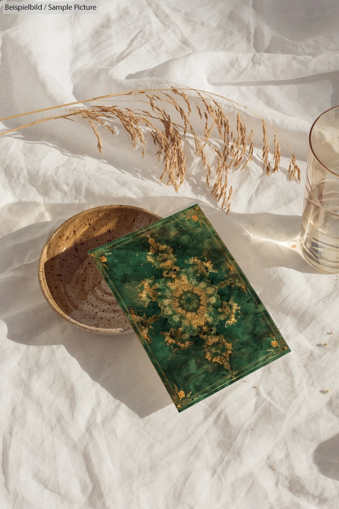 Green resin notebook with gold accents on white fabric next to a glass and bowl.