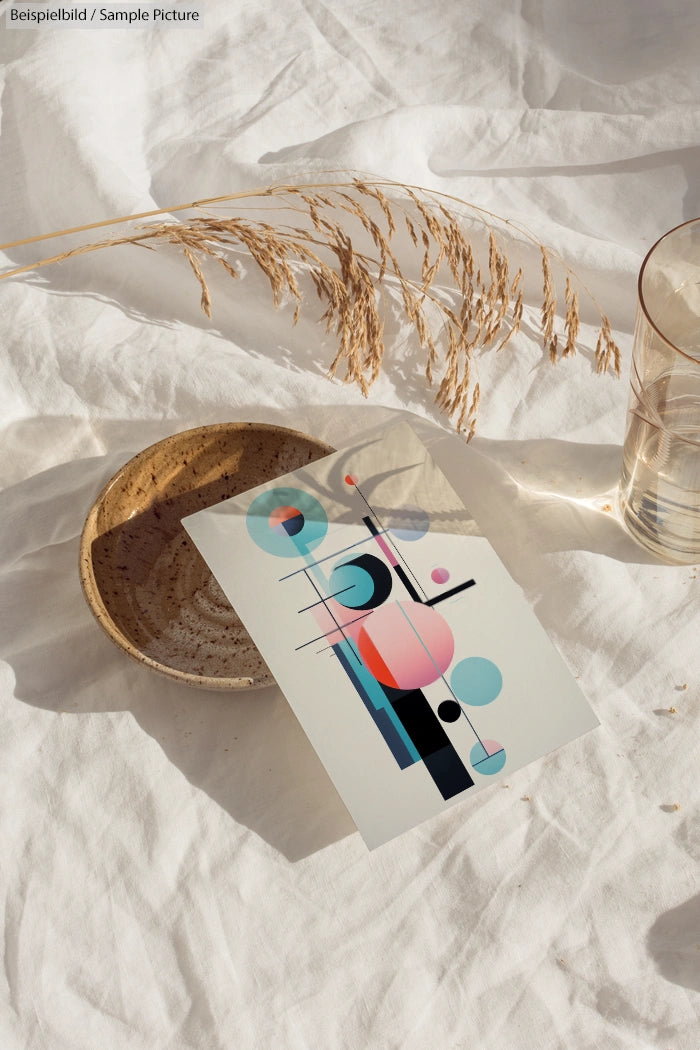 Abstract art print with geometric shapes on a white cloth, beside a ceramic bowl and a glass of water.