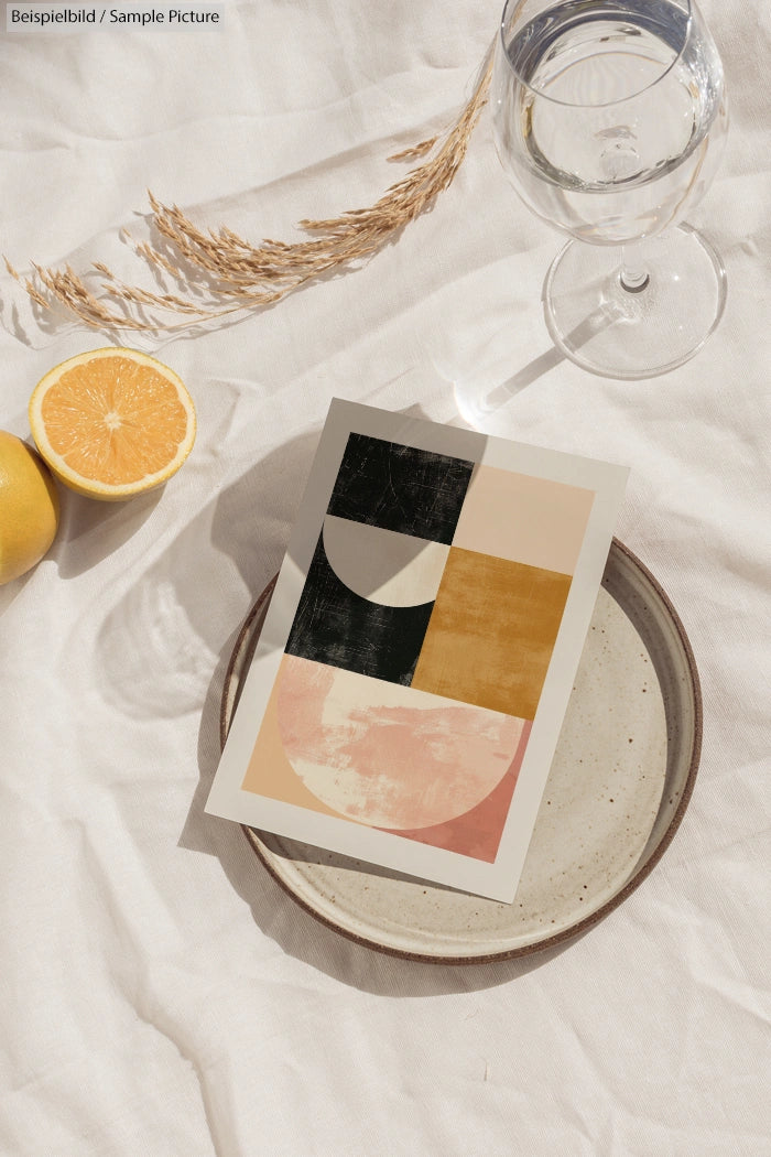 Abstract art print on ceramic plate with dried grasses, glass, and orange half on linen tablecloth.