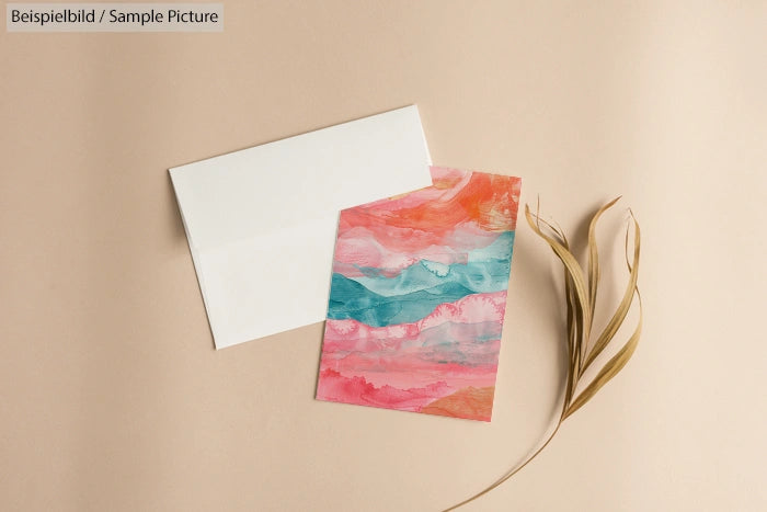 Colorful abstract card with pink and blue watercolor design next to a white envelope on a beige background.