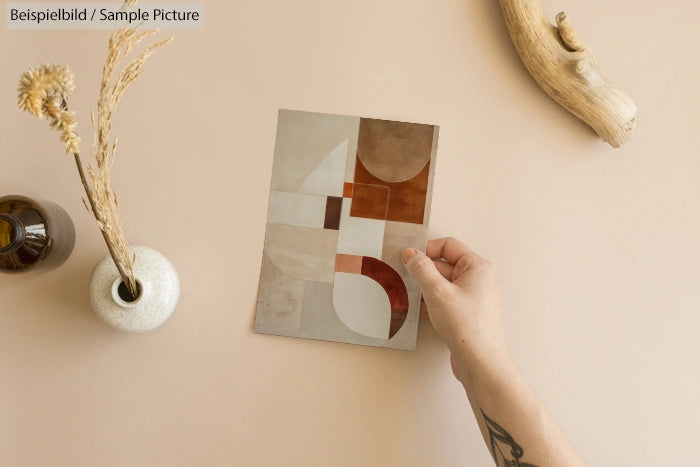 Hand holding abstract geometric artwork on minimalist beige background with vase and driftwood.