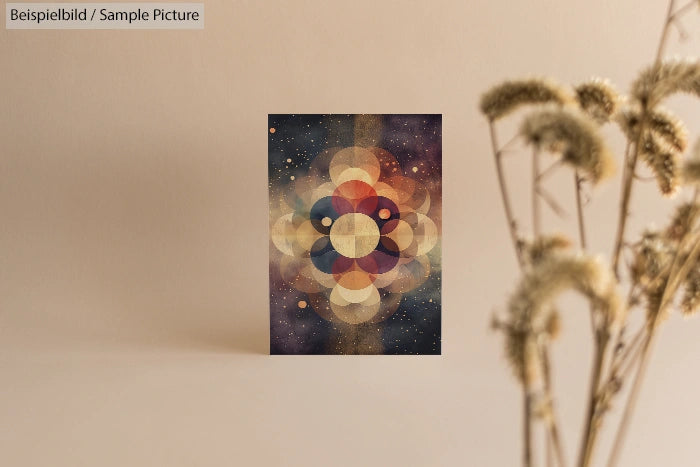 Geometric abstract art with circular patterns in warm tones, set against a neutral background with dried flowers.