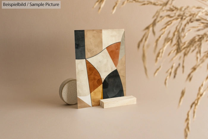 Abstract geometric art piece with earthy tones on a beige background, featuring dried decorative grasses.