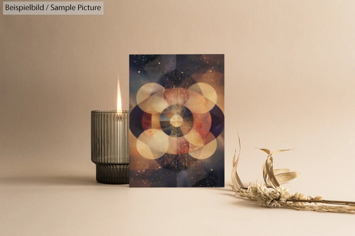 Abstract art card with geometric shapes beside a lit candle and dried grass on a neutral background.