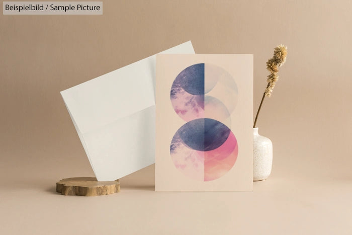 Greeting card with abstract blue and pink circles on beige paper, displayed on a brown table with dried flowers.