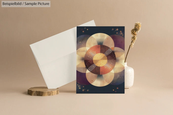 Geometric abstract art card with overlapping circles on a wooden surface, next to an envelope and decorative plant.