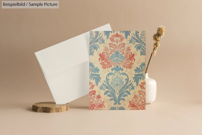 Vintage floral greeting card with envelope on neutral background, next to a vase with dried flowers.