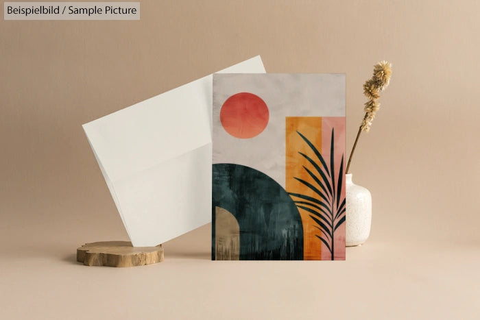 Abstract art print with geometric shapes and plant motifs beside a blank card and vase on a neutral background.