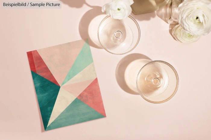 Geometric colored artwork on cream table with two glass bowls and white flowers.