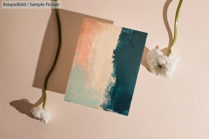 Abstract vertical painting with pastel pink and teal hues, surrounded by three white roses on a beige background.