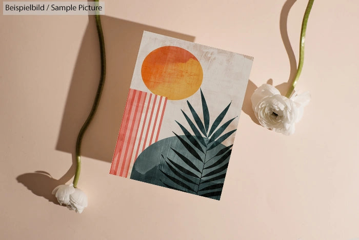 Abstract art with a sun, geometric shapes, and plant leaves, placed on a beige background with two white flowers.