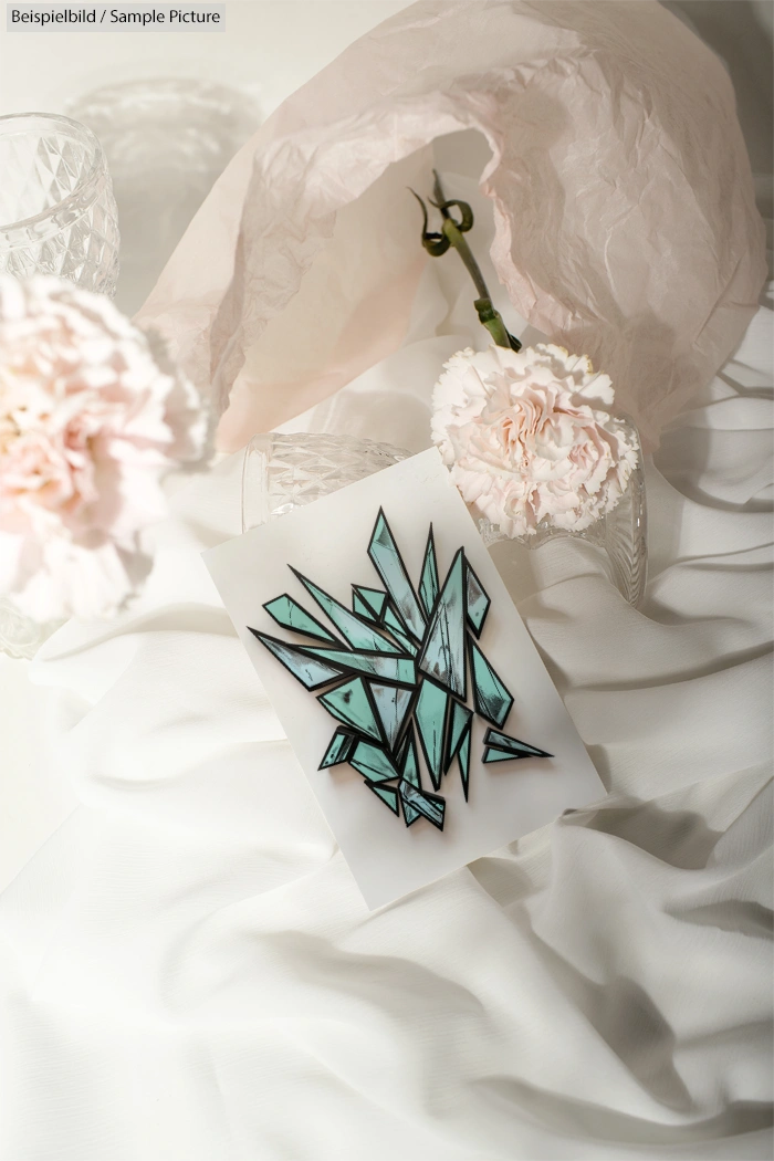 Stylish geometric teal and black artwork on a white fabric, surrounded by soft pink carnations and textured glass.