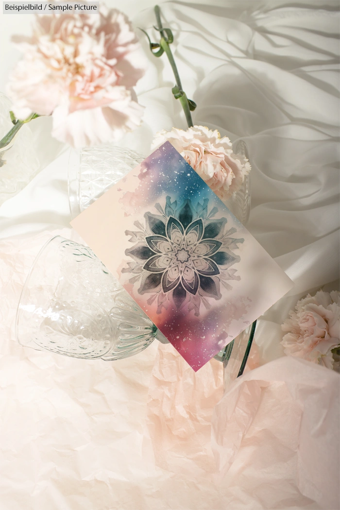 Mandala art with pink carnations, lit glass, and soft shadows on a draped white fabric background.