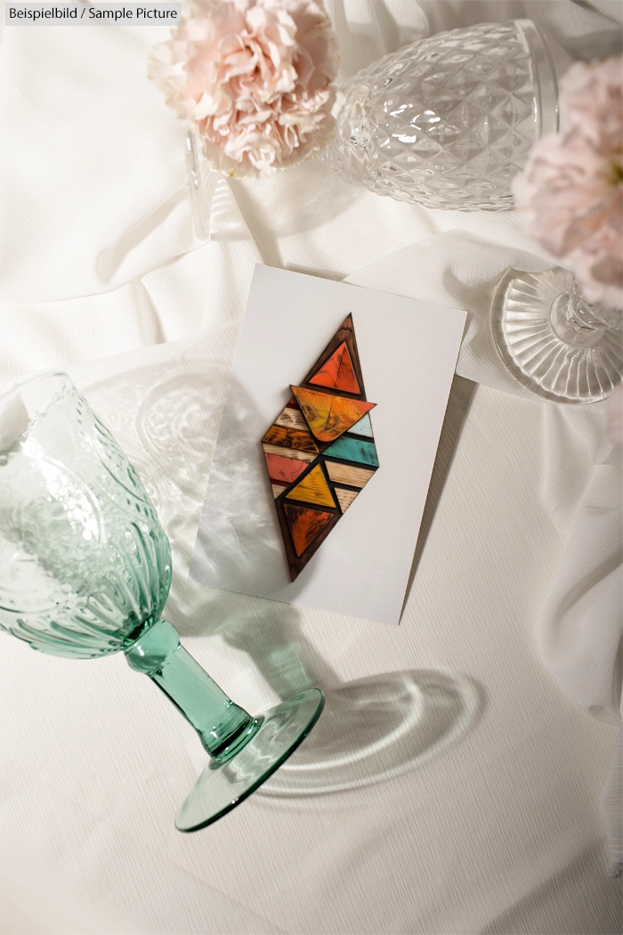 Colorful geometric art piece on white tablecloth with crystal glassware and pink flowers.