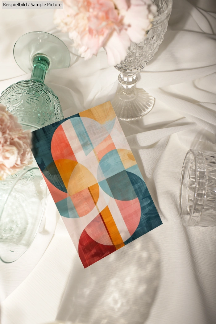 Colorful geometric art print on white cloth with glassware and pink flowers.