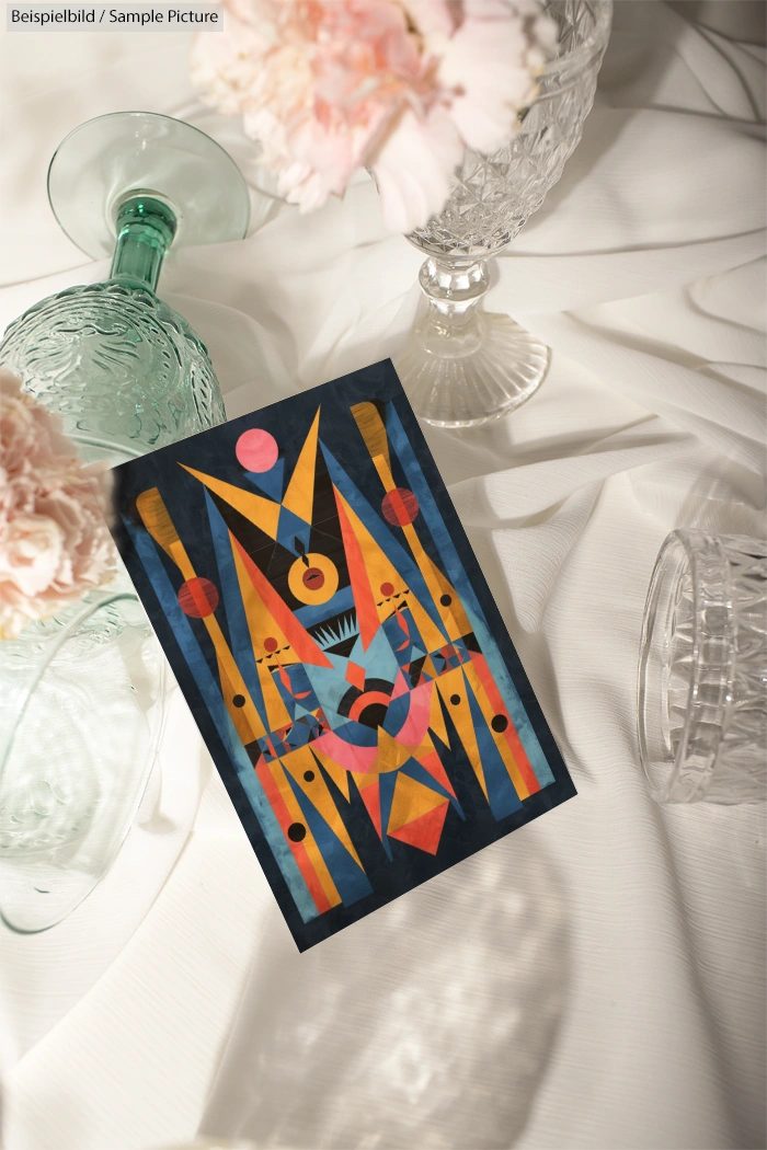 Abstract geometric artwork with colorful shapes on paper, surrounded by elegant glassware and flowers on a white cloth.