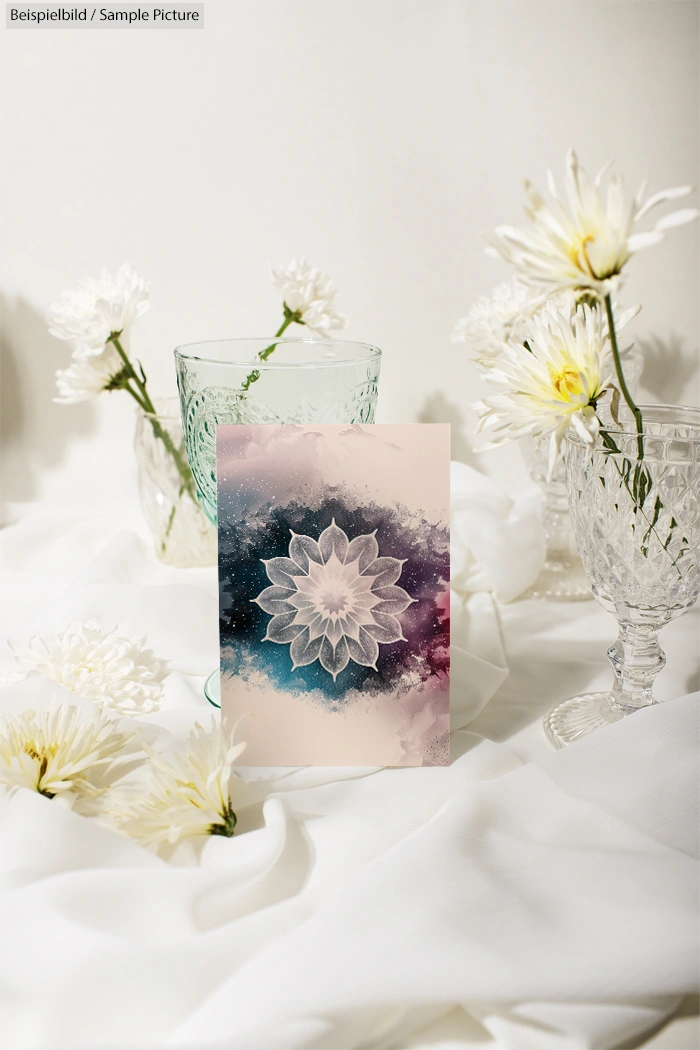 Elegant floral card displayed among glass goblets and white flowers on a soft white cloth background.