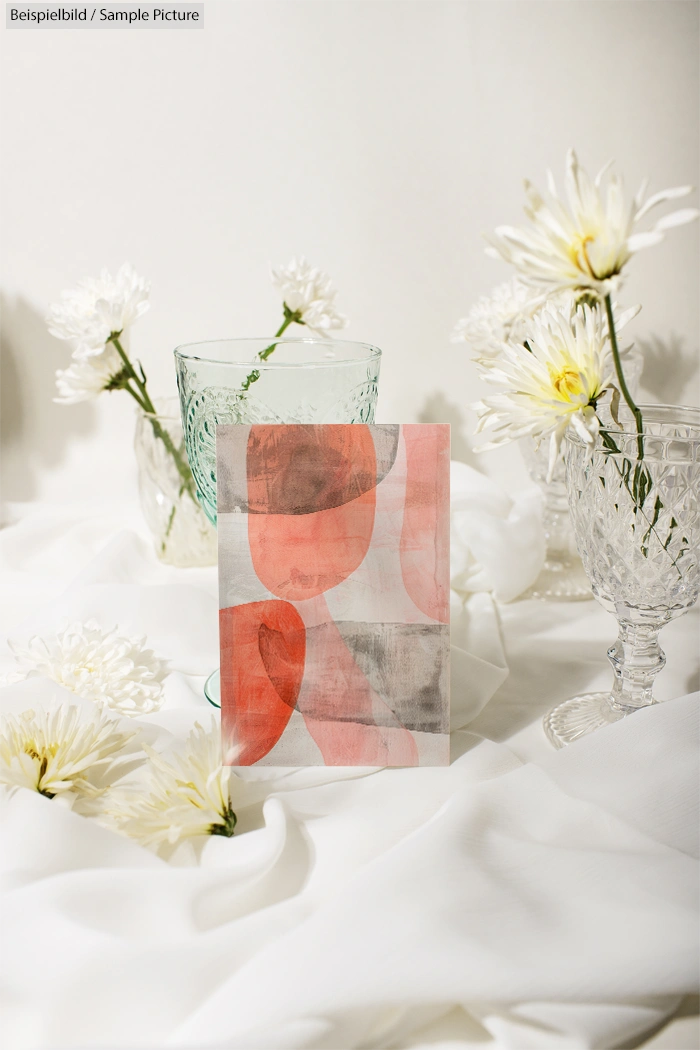 Red abstract art print surrounded by white flowers and crystal glassware on a soft white fabric background.