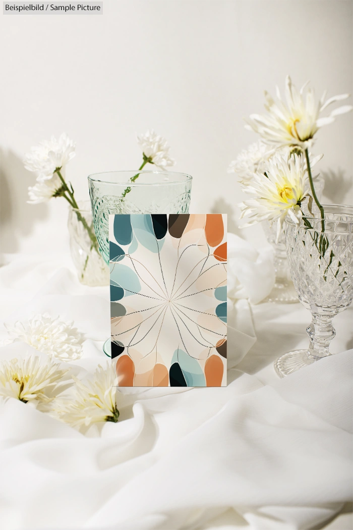 Abstract floral card with geometric design surrounded by white flowers in glassware on a fabric background.