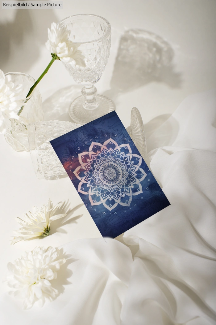 Intricate blue and pink mandala card with white flowers and crystal glass on soft white fabric background.