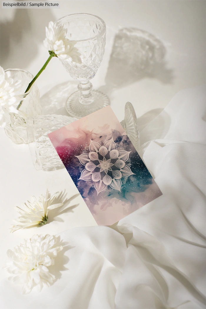 Chic arrangement with crystal glasses, white flowers, and a vibrant mandala card on a white cloth background.