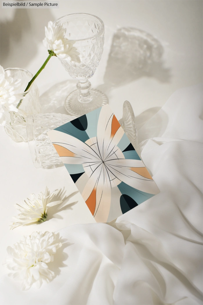 Elegant floral card with abstract design and white flowers, set amidst glassware and fabric under soft lighting.