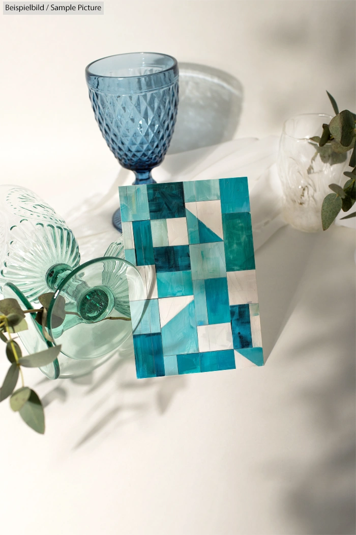 Geometric teal and white patterned card surrounded by various colored glassware on a light background with eucalyptus.