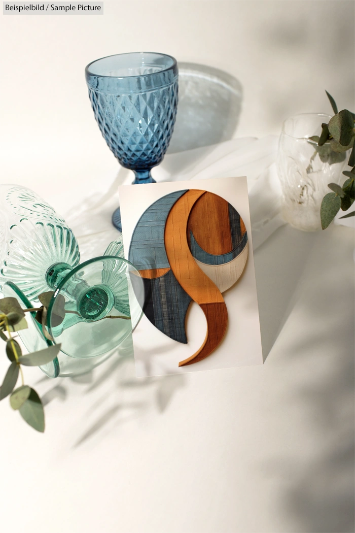 Modern art piece with wooden curves on display, surrounded by blue and green glassware, with leaves for decoration.