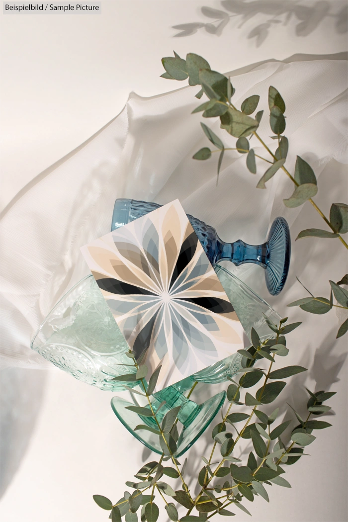 Blue and green glassware with abstract geometric card, surrounded by eucalyptus branches on white fabric background.