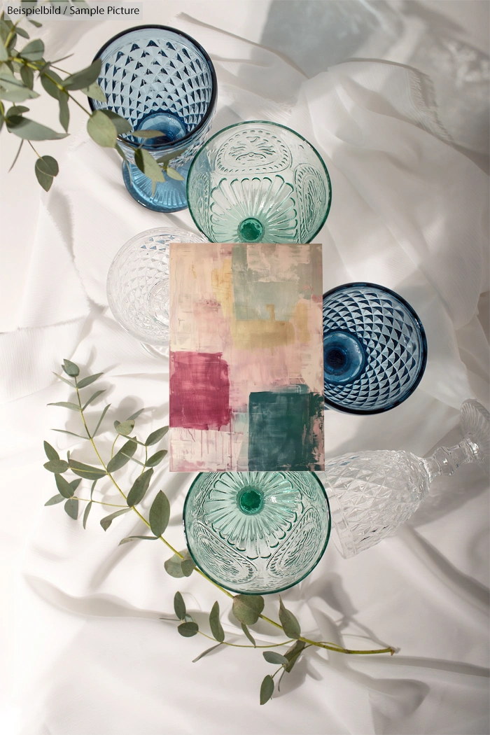 Artistic table setting with colorful abstract painting, glass bowls, and greenery, on a textured white fabric.