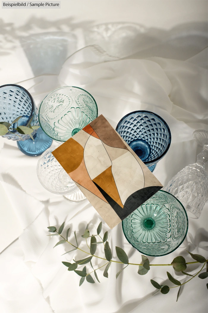 Colorful glassware with abstract painting on white fabric, sunlight casting shadows.