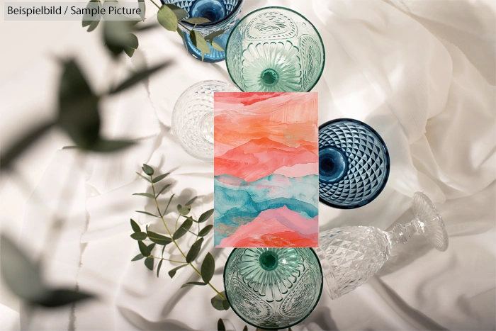 Colorful abstract painting on a table with blue and clear glassware, surrounded by green leaves on a white cloth.