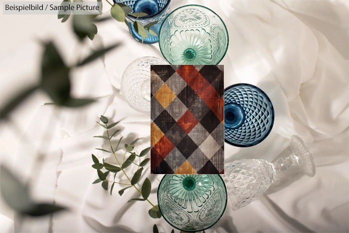 Geometric-patterned rug on glassware with textiles and greenery decor on white surface.