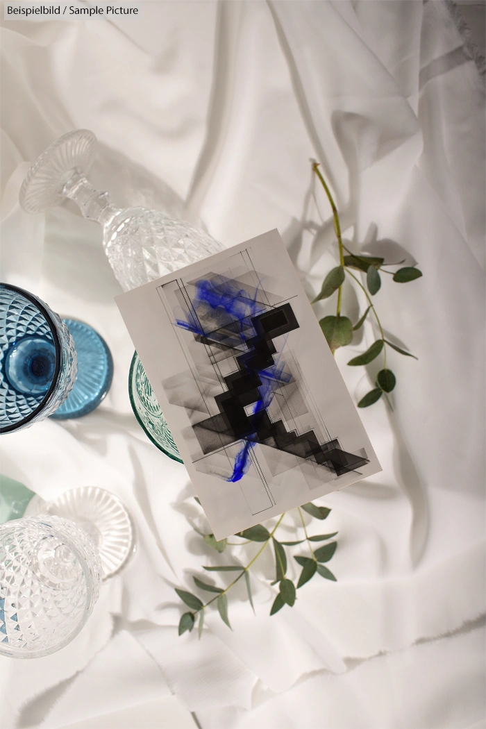 Abstract black and blue artwork on a card, surrounded by glassware and green leaves on a white fabric background.