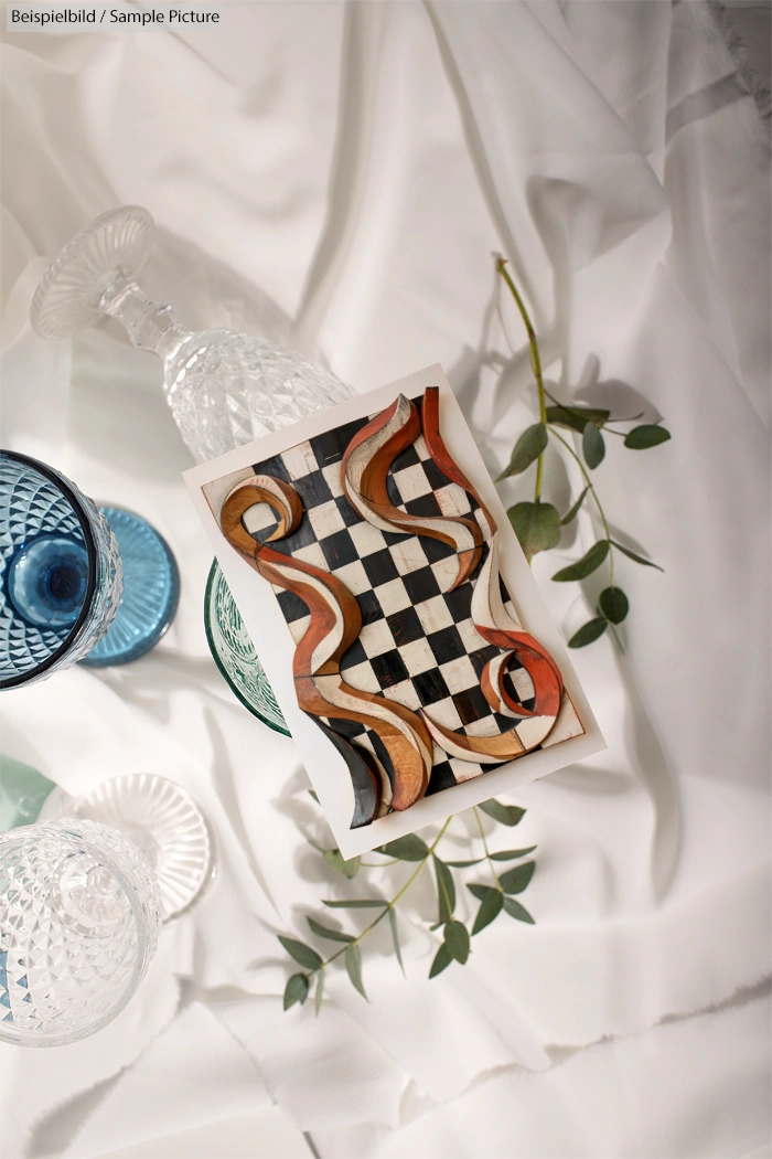 Decorative painting with checkered pattern and swirls, surrounded by ornate glassware and greenery on a white cloth.