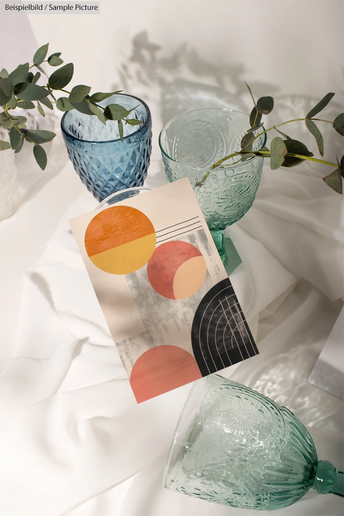 Abstract geometric artwork with circles beside three decorative glass cups and eucalyptus branches on white fabric.