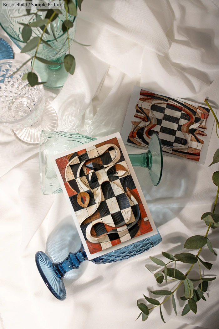 Abstract artwork on cards with blue glasses on white fabric; decorated with greenery.