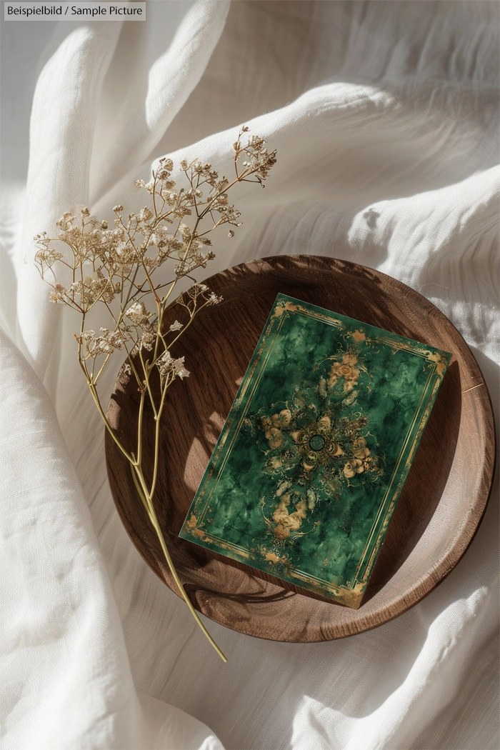 Intricate green and gold card on wooden plate with dried flowers, draped with soft white fabric.