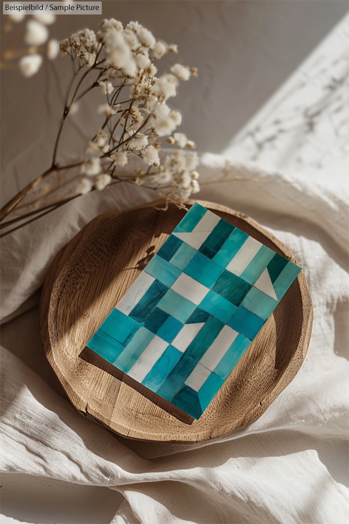 Wooden tray with blue and turquoise geometric tile, dried flowers nearby, soft lighting.