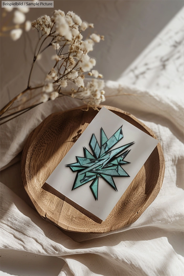 Geometric stained glass art piece on wood tray with dried flowers, in sunlight.