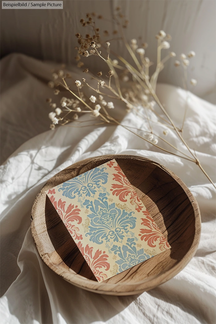 Decorative card with blue and red patterns in wooden bowl, on white fabric, dried flowers in background.