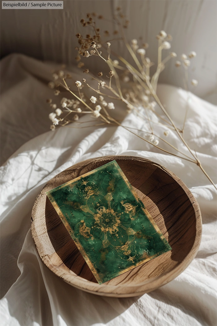 Decorative resin soap with green designs in wooden bowl, beside dried flowers on a white fabric background.